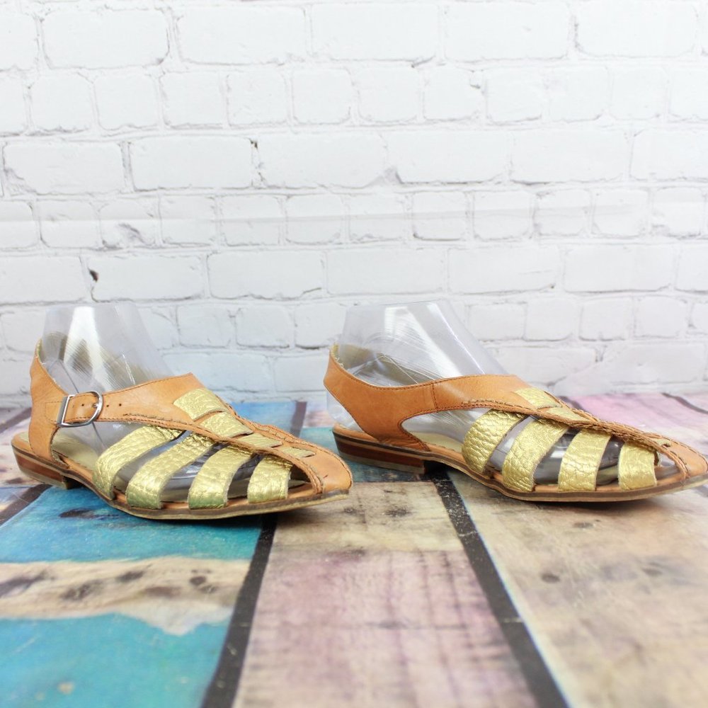 Latigo Jeepers Brown Gold Leather Ankle Strap Flat Sandals Size 9.5 M - Picture 3 of 9